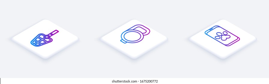 Set Isometric line Dog muzzle, Retractable cord leash and Online veterinary clinic symbol. White square button. Vector