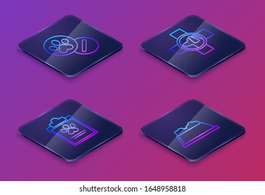 Set Isometric line Dog and pills, Clipboard with medical clinical record pet, Veterinary clinic symbol and Pet food bowl. Blue square button. Vector