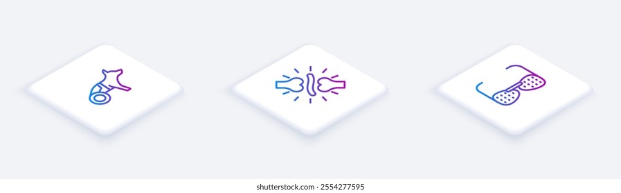 Set Isometric line Dog in wheelchair, Joint pain, knee pain and Blind glasses. White square button. Vector