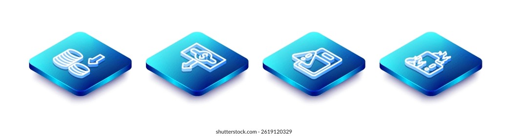 Set Isometric line Dollar rate decrease, , Global economic crisis and Fire in burning house icon. Vector