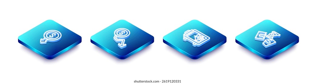 Set Isometric line Dollar rate decrease, , Safe and Tearing money banknote icon. Vector