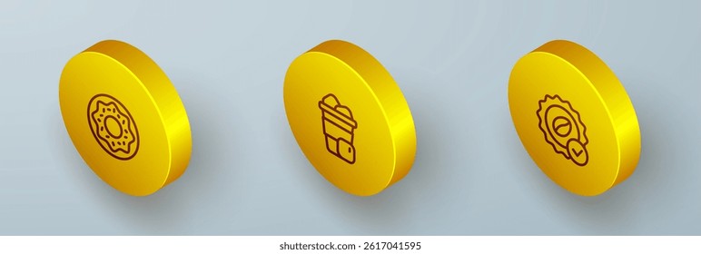 Set Isometric line Donut, Iced coffee and Medal for icon. Vector