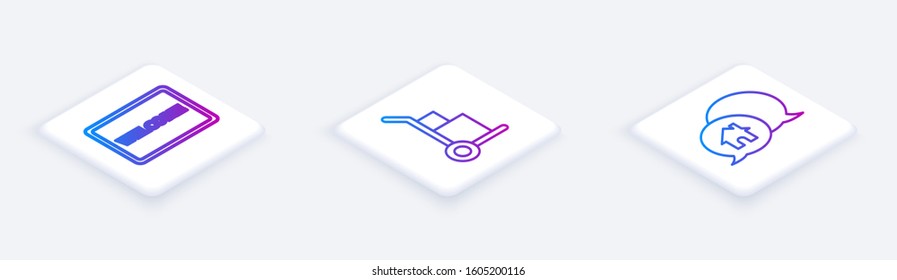 Set Isometric line Doormat with the text Welcome, Hand truck and boxes and House building in speech bubble. White square button. Vector