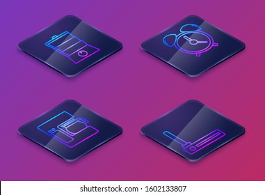Set Isometric line Double boiler , Coffee machine with glass pot , Alarm clock  and Router and wi-fi signal . Blue square button. Vector