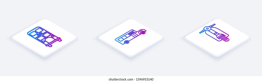 Set Isometric line Double decker bus, School Bus and Scooter. White square button. Vector