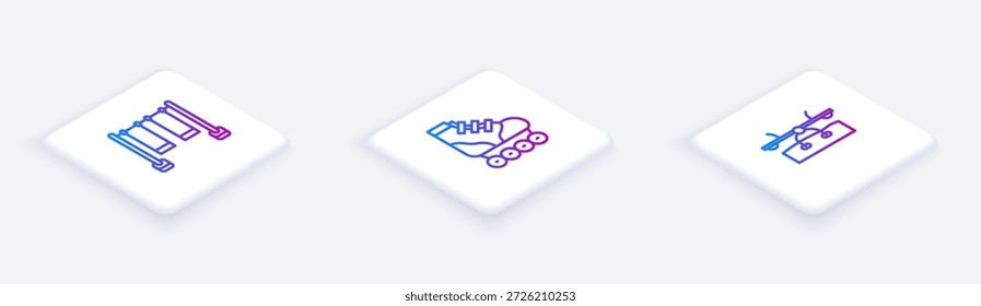 Definir linha isométrica Duplo balanço, patins e gangorra. Botão quadrado branco. Vetor