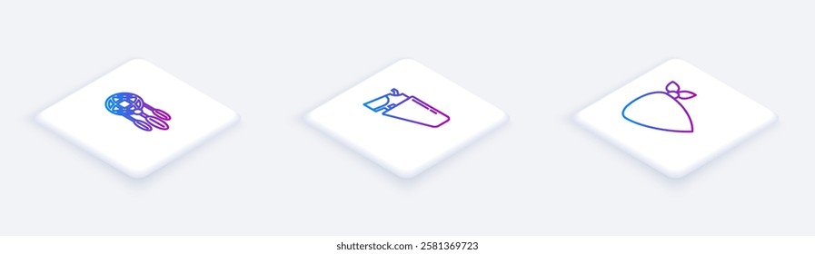 Set Isometric line Dream catcher with feathers, Revolver gun in holster and Cowboy bandana. White square button. Vector