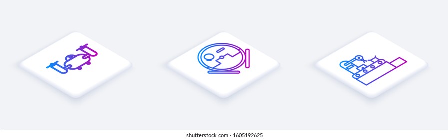 Set Isometric line Drone flying with action camera, Robot vacuum cleaner and Factory conveyor system belt. White square button. Vector