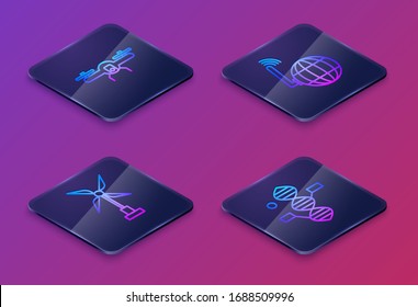 Set Isometric line Drone flying, Wind turbine, Social network and DNA symbol. Blue square button. Vector