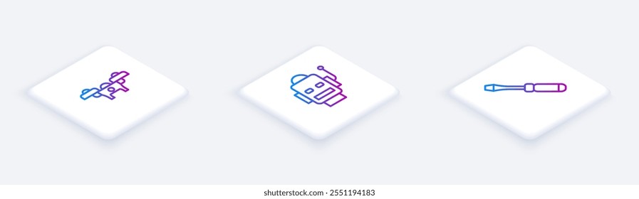 Set Isometric line Drone, Robot and Screwdriver. White square button. Vector