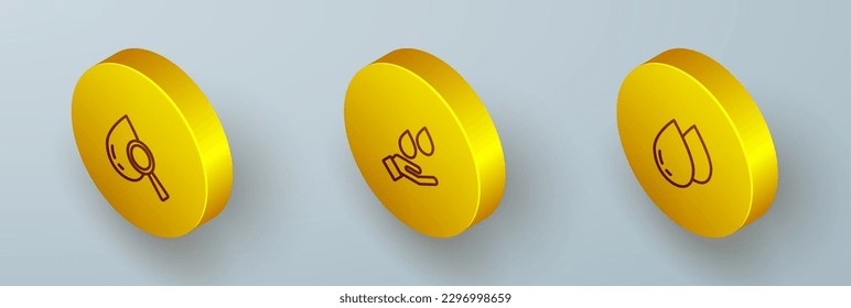 Set Isometric line Drop and magnifying glass, Washing hands with soap and Water drop icon. Vector