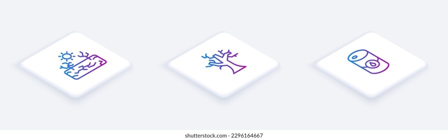 Set Isometric line Drought, Withered tree and Barrel oil. White square button. Vector
