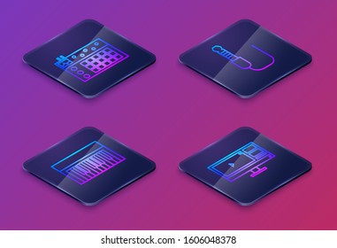 Set Isometric line Drum machine, Music synthesizer, Audio jack and Video recorder or editor software on monitor. Blue square button. Vector