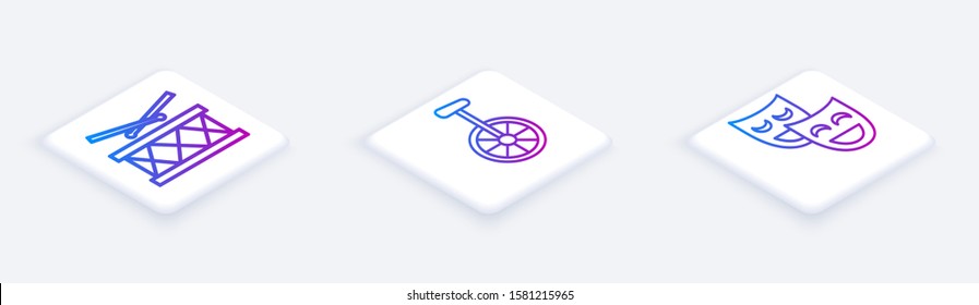 Set Isometric line Drum with drum sticks, Unicycle or one wheel bicycle and Comedy theatrical masks. White square button. Vector