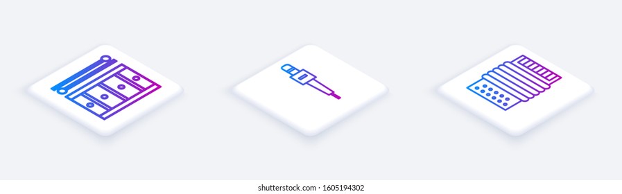 Set Isometric line Drum with drum sticks, Microphone and Musical instrument accordion. White square button. Vector