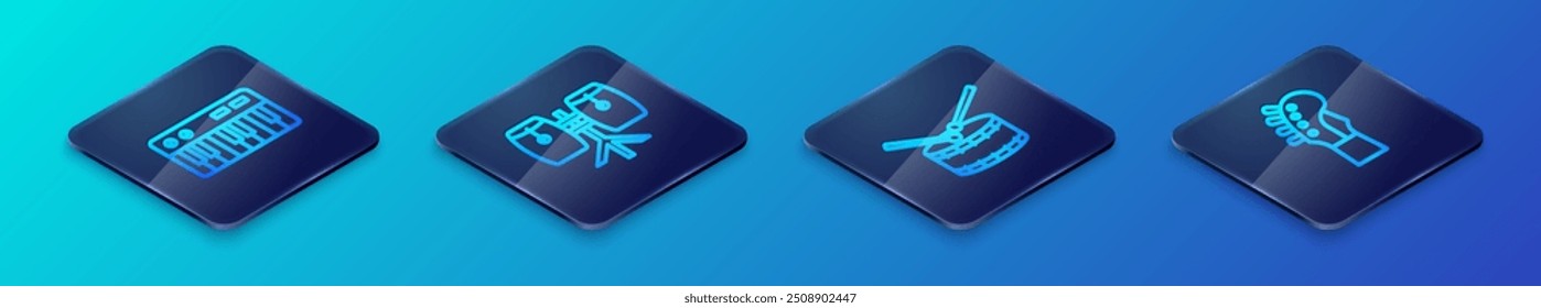 Conjunto de línea isométrica de tambor con palos de batería, sintetizador de música, cuello de guitarra y conga icono de batería. Vector