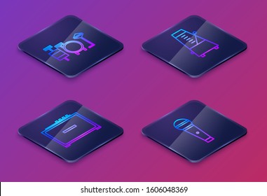 Set Isometric line Drums, Guitar amplifier, Metronome with pendulum in motion and Microphone. Blue square button. Vector