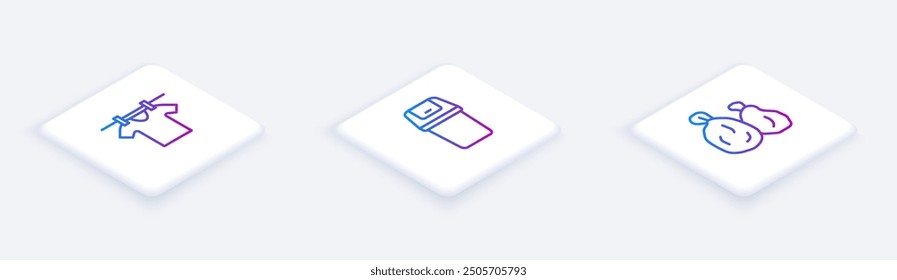 Set Isometric line Drying clothes, Trash can and Garbage bag. White square button. Vector