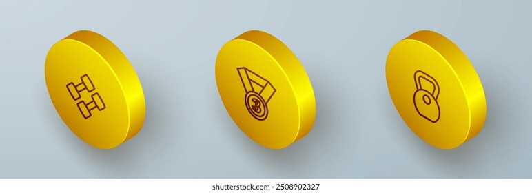 Set Isometric line Dumbbell, Medal and Weight icon. Vector