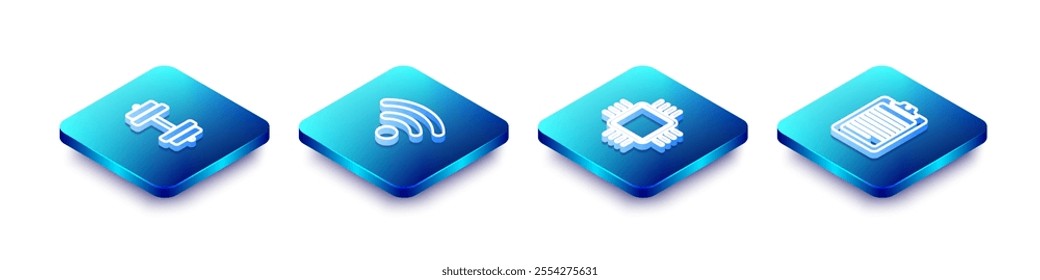 Set Isometric line Dumbbell, Wi-Fi wireless network, Processor with CPU and Clipboard document icon. Vector