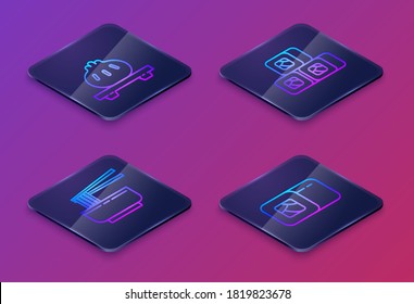 Set Isometric line Dumpling on cutting board, Asian noodles in bowl and chopsticks, Sushi and Sushi. Blue square button. Vector