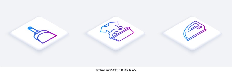 Set Isometric line Dustpan , Plastic basin with soap suds  and Electric iron . White square button. Vector