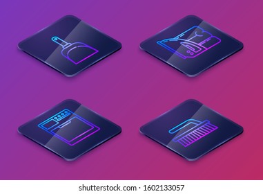 Set Isometric line Dustpan , Washer , Electric iron and towel  and Brush for cleaning . Blue square button. Vector