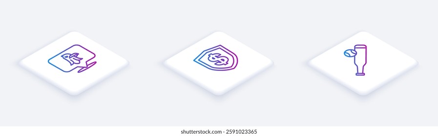 Set Isometric line Eagle, Shield with dollar and Baseball bat ball. White square button. Vector