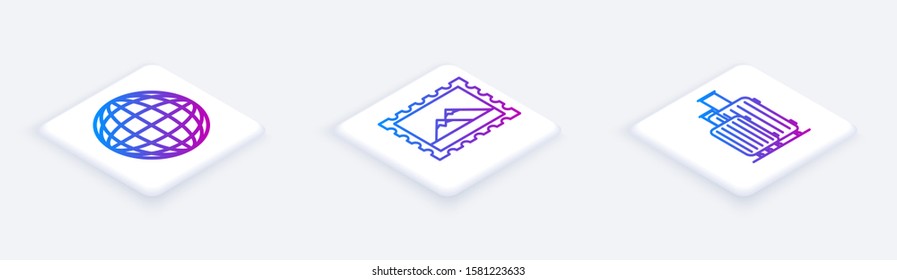 Set Isometric line Earth globe, Postal stamp and Mountains and Suitcase for travel. White square button. Vector