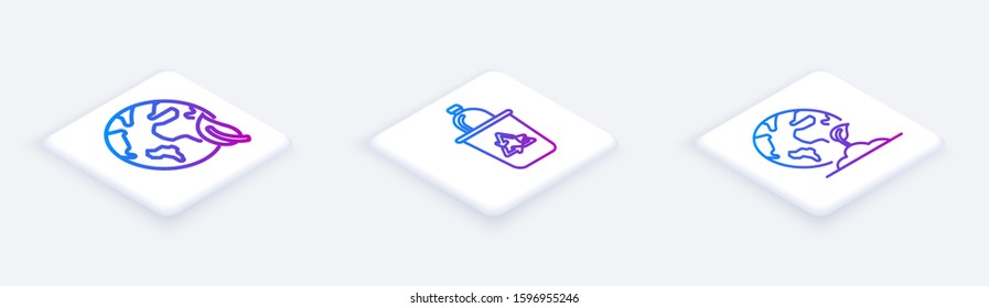 Set Isometric line Earth globe and leaf, Recycle bin with recycle symbol and Earth globe and plant. White square button. Vector