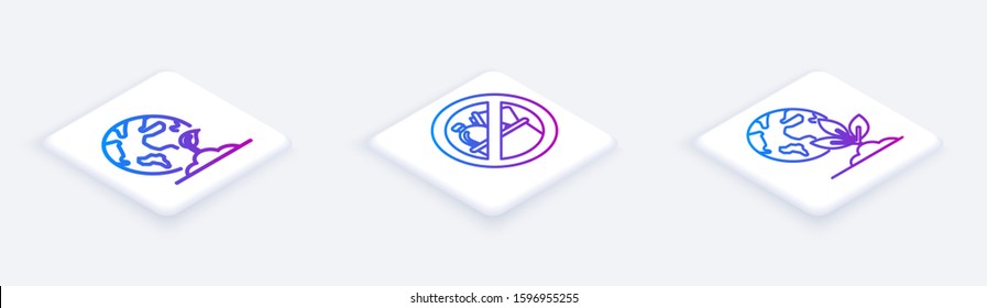 Set Isometric line Earth globe and plant, No trash and Earth globe and plant. White square button. Vector