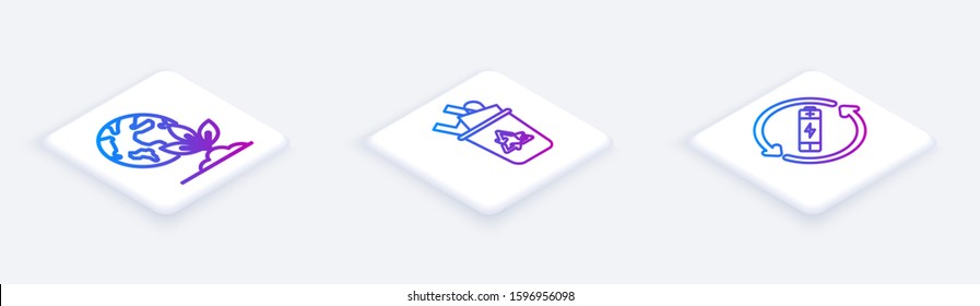 Set Isometric line Earth globe and plant, Recycle bin with recycle symbol and Battery with recycle symbol line. White square button. Vector