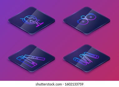 Set Isometric line Earth globe, Office folders with papers and documents, Ringing alarm bell and Paper clip. Blue square button. Vector