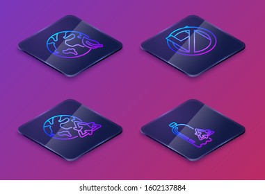 Set Isometric line Earth globe and leaf, Planet earth and a recycling, Say no to plastic bags poster and Recycling plastic bottle. Blue square button. Vector