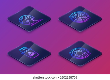 Set Isometric line Earth globe and plant, Recycle bin with recycle symbol and can, Planet earth and a recycling and Solar energy panel. Blue square button. Vector