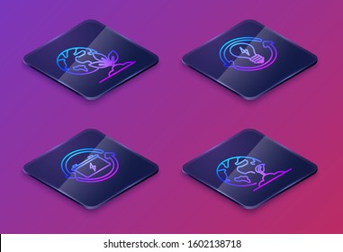 Set Isometric line Earth globe and plant, Battery with recycle symbol, Recycle and light bulb with lightning symbol and Earth globe and plant. Blue square button. Vector