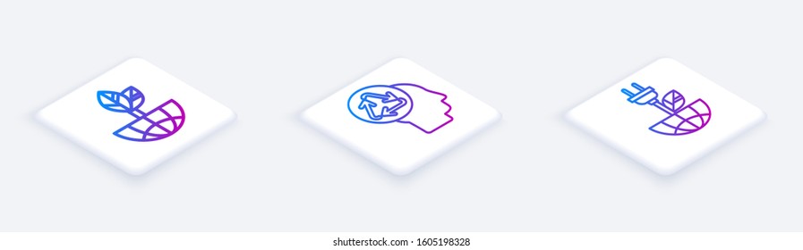 Set Isometric line Earth globe and leaf, Human head with recycle and Electric saving plug in leaf. White square button. Vector