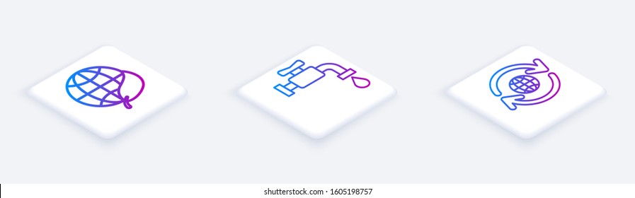 Set Isometric line Earth globe and leaf, Water tap and Planet earth and a recycling. White square button. Vector