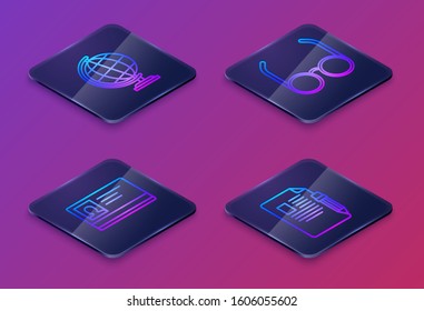 Set Isometric line Earth globe, Identification badge, Glasses and Exam sheet and pencil with eraser. Blue square button. Vector