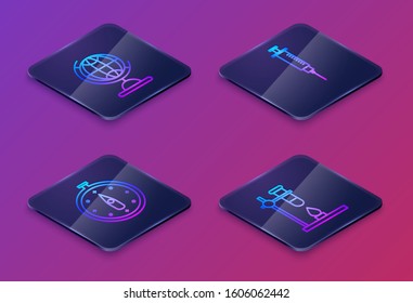 Set Isometric line Earth globe, Compass, Syringe and Glass test tube flask on fire heater. Blue square button. Vector