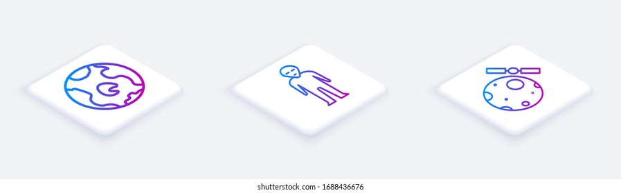 Set Isometric line Earth globe, Alien and Satellites orbiting the planet Earth. White square button. Vector