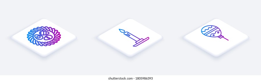 Set Isometric line Easter egg in a wicker nest, Burning candle in candlestick and Balloons with ribbon. White square button. Vector