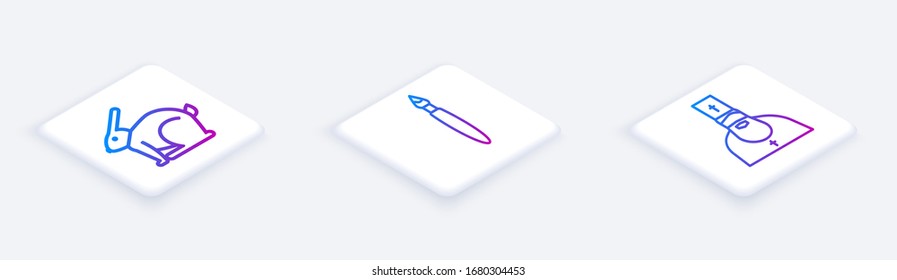 Set Isometric line Easter rabbit, Paint brush and Priest. White square button. Vector