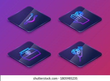 Set Isometric line Ebola virus disease, First aid kit, Hand with and Syringe. Blue square button. Vector - Powered by Shutterstock - Get 15% off with code: PIKWIZARD15