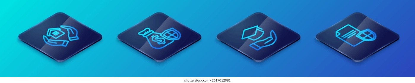 Set Isometric line Education grant, House in hand, Contract with shield and Money bag icon. Vector