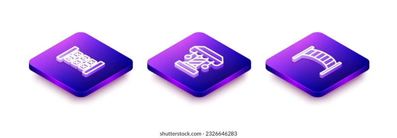 Set Isometric line Education logic game, Attraction carousel and Playground kids bridge icon. Vector