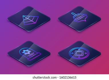 Set Isometric line Egypt pyramids, Tombstone with star of david, Hanukkah dreidel and Jewish coin. Blue square button. Vector