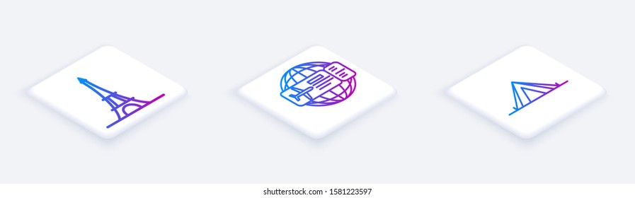 Set Isometric line Eiffel tower, Airline ticket and Tourist tent. White square button. Vector