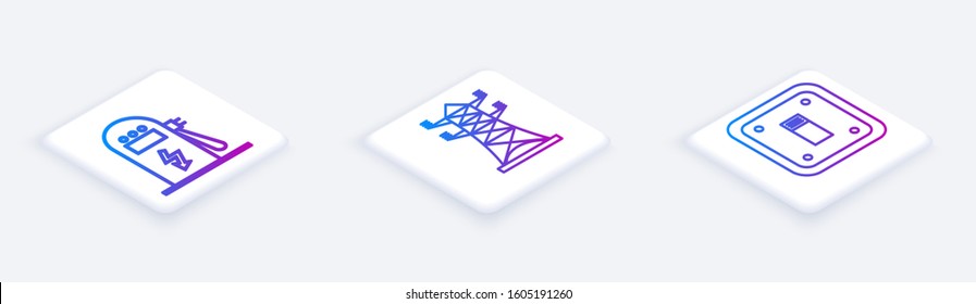 Set Isometric line Electric car charging station, High voltage power pole line and Electric light switch. White square button. Vector