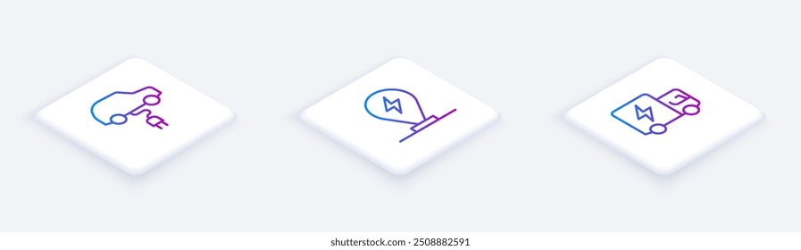 Set Isometric line Electric car, Charging parking electric and truck. White square button. Vector